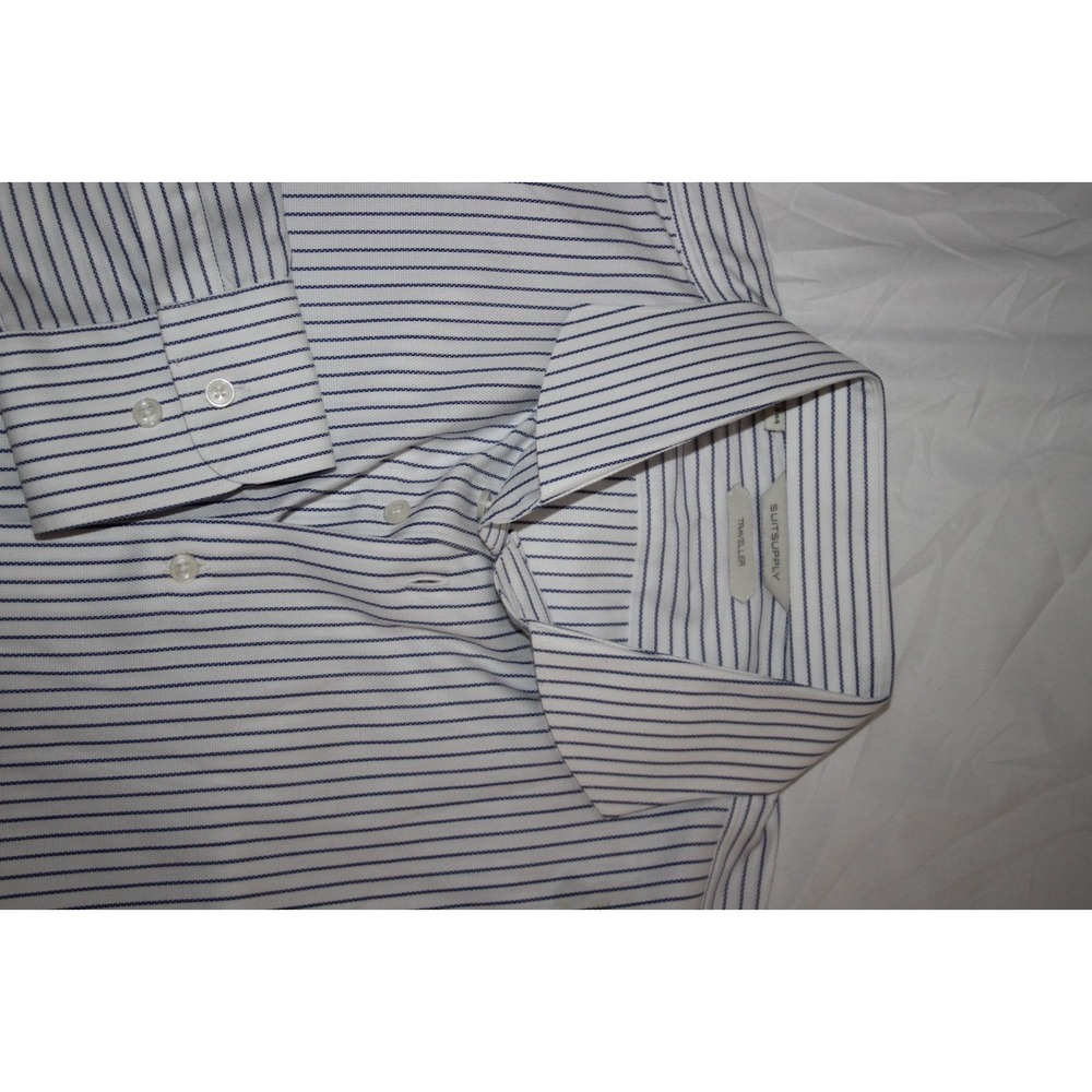 SUITSUPPLY TRAVELLER Men's 44/17.5 White Blue Stripes Dress Shirt - Picture 2 of 7